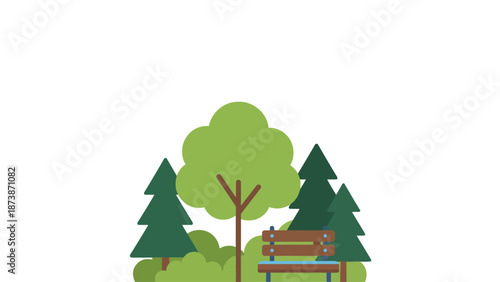 A serene park scene with a wooden bench and trees