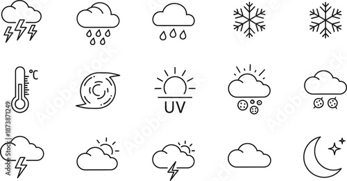 Simple Set of Weather Related Vector Line Icons. Contains such Icons as Wind, Blizzard, Sun, Rain and more. Editable Stroke