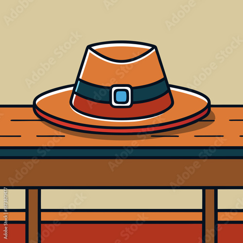 Topi bergaya tahun 1970-an yang diletakkan di atas meja kayu.
