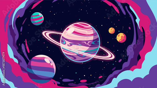Cosmic Voyage A Colorful Vector Illustration of Planets and Nebulae in Space