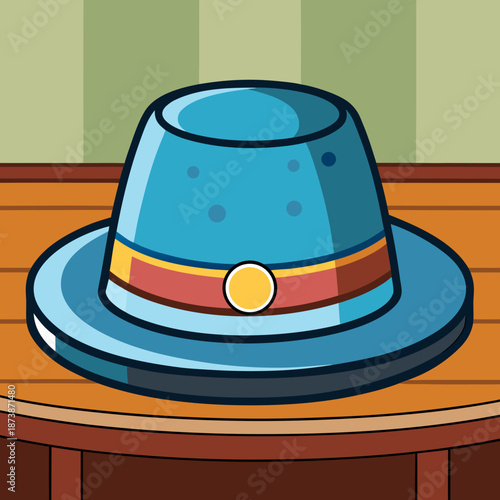 Topi bergaya tahun 1970-an yang diletakkan di atas meja kayu.
