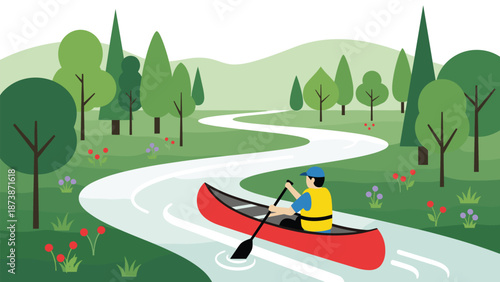 Canoeing on peaceful river through lush green forest landscape outdoor adventure scene isolated on white background flat vector illustration