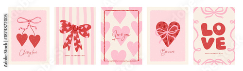 Set of girly coquette greeting cards for Valentine's Day. Romantic design with hand drawn frames, hearts, bows and ribbons, sweet cherry in sketch style. Vector poster, banner, wedding invitation.
