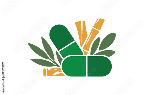 A green and yellow logo featuring pills and plant leaves on a white background
