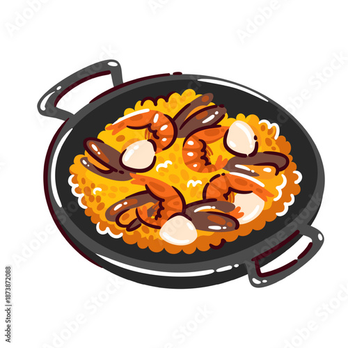 Seafood paella with rice, shrimp, mussels and shellfish in wide pan, simple cartoon doodle style. Paella dish with bold outlines and expressive shapes. Vector illustration.