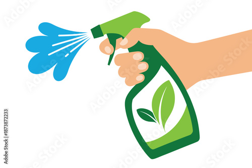 A hand holding a green spray bottle with a leaf logo spraying water