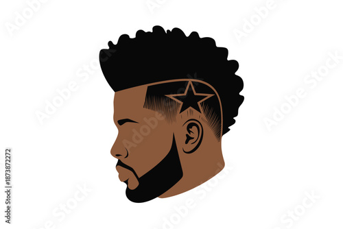 A stylish illustration of a man's head with a star design