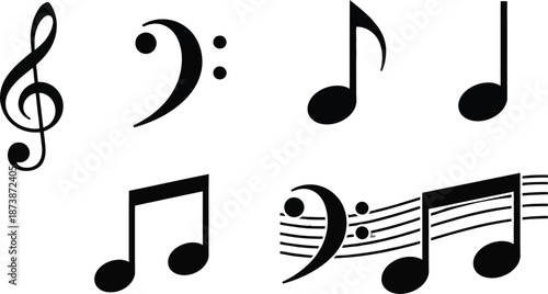 Music notes vector illustration. Hand drawn doodle of musical symbols, treble clef, and staff. Concept for melody, song, audio, sound, concert, or festival background.