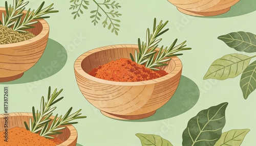 Wooden Bowls Overflow with Rosemary and Paprika, Culinary Ingredients in Seasoning Bowl - Gourmet Cooking Essentials