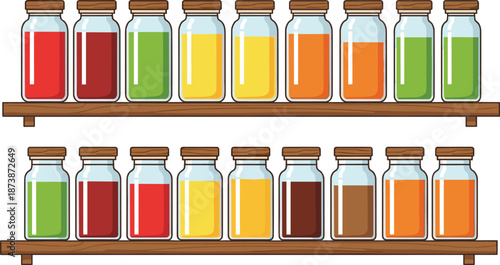 Colorful glass jars with spices and ingredients arranged on wooden shelves isolated on white background flat vector illustration