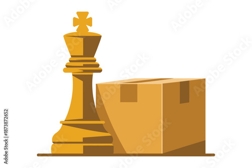 A large golden chess piece next to a cardboard box on a flat surface