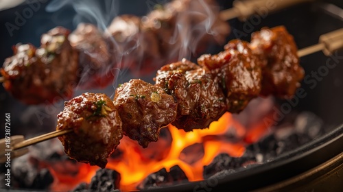 Grilled meat skewers over hot coals