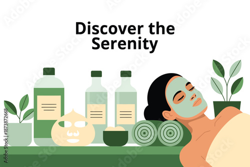 A serene woman enjoying a relaxing spa treatment with face mask and skincare products