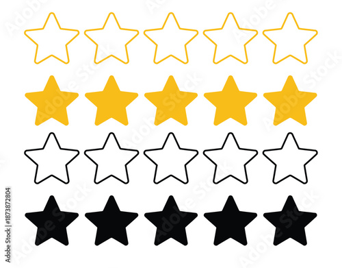 A graphic illustration of star ratings in various colors and styles