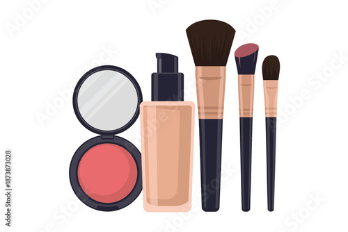 A collection of makeup products and brushes on a white background