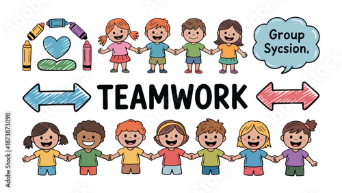 Children's Unity Illustration: A vibrant and uplifting illustration of a group of diverse children linked together, symbolizing teamwork, friendship, and collaboration.