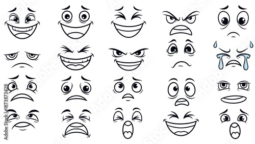 Collection of diverse cartoon faces showing various emotions and expressions.