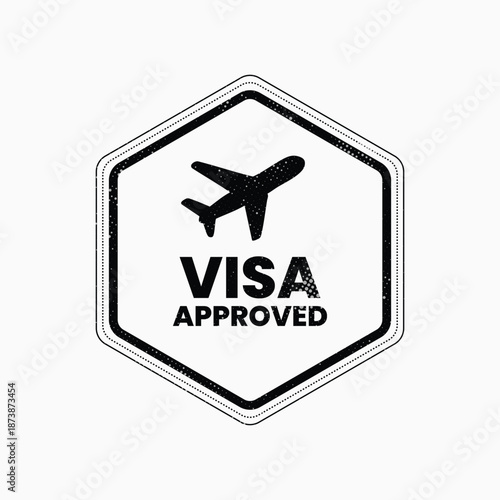 Minimalist Passport Stamp Vector Icon with Airplane and Visa Approved Text Isolated on White Background