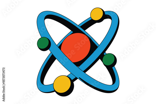 A colorful cartoon illustration of an atom with orbiting electrons