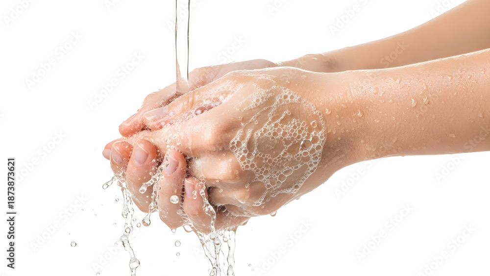 Fototapeta premium Hands Covered in Soap Lather During Washing Isolated on White