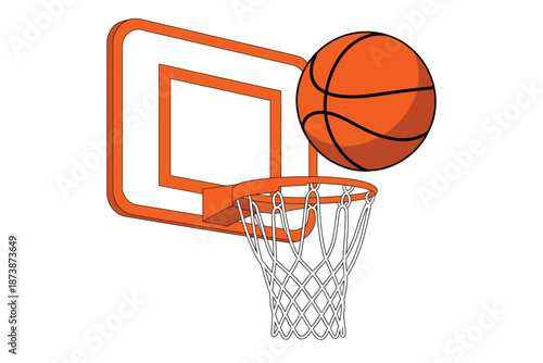 An orange basketball going through a hoop with a white background