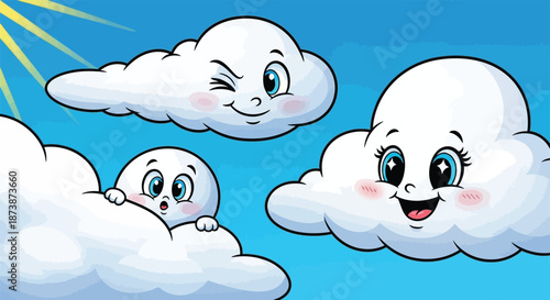 Cute cartoon smiling cloud surrounded by a halo of glow on a background of blue sky and clouds