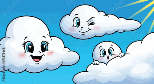 Cute cartoon smiling cloud surrounded by a halo of glow on a background of blue sky and clouds