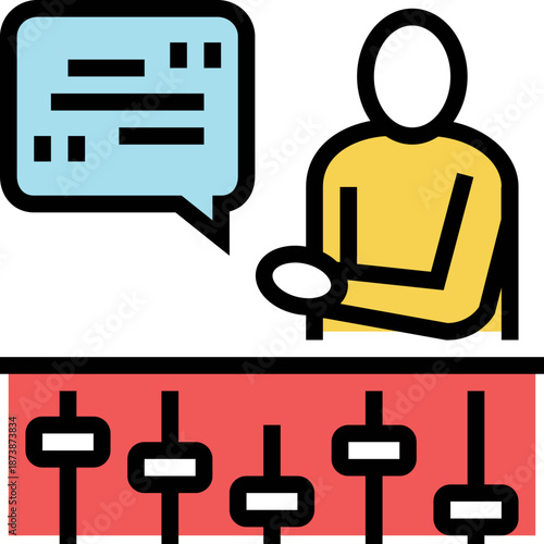 Person controlling sound mixer with speech bubble icon