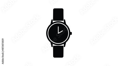 Simple black and white illustration of a wristwatch with time displayed