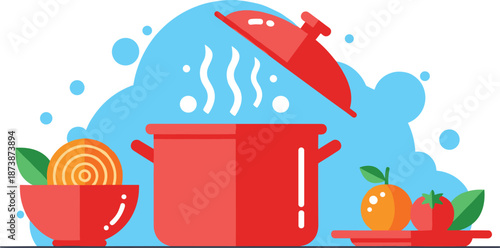 Cooking pot with boiling soup vegetables and ingredients isolated on white background flat vector illustration for kitchen cooking concept