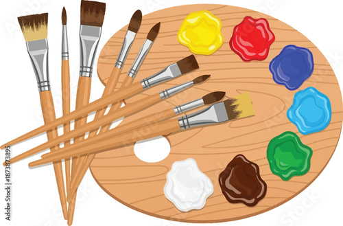 Set of painting tools. Easel, canvas, paints, brushes, sketchbook, mannequin hand, paints palettes, crayons, pencils. Hand drawn vector illustration