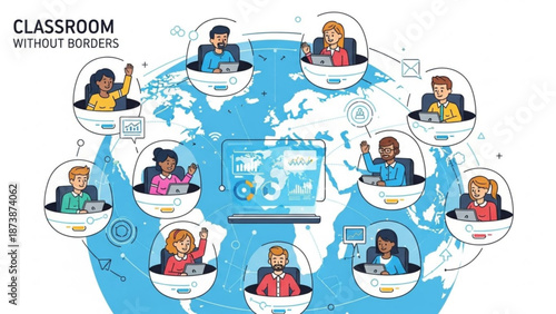 Diverse group of people from around the world connected in a virtual classroom setting with laptops and a large screen displaying a map with online learning