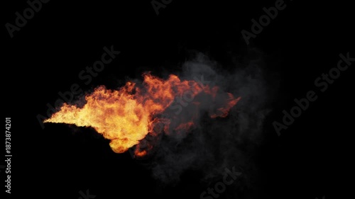 Isolated Long Flame Thrower start from zero at left finish on right with Orange and Yellow fiery colors and turbulent fire on a black background