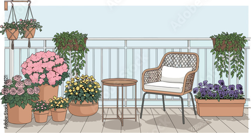 Cozy balcony garden with chair table and lush potted plants creating relaxing outdoor home decor scene flat vector illustration
