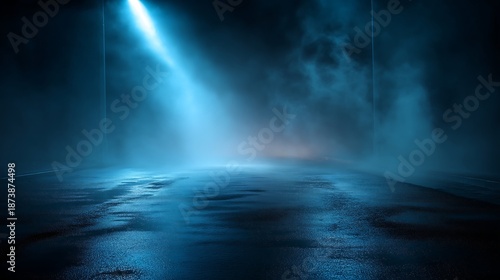Blue dark background of empty foggy street with wet asphalt, illuminated by a searchlight, laser beams, smoke