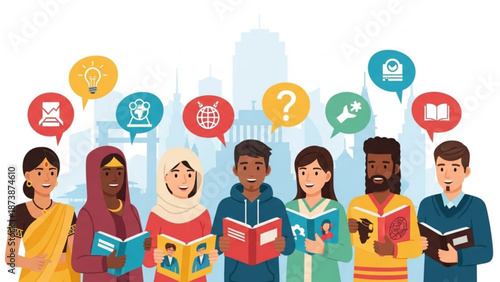 Diverse group of people from different cultures reading books and sharing ideas in a city setting with thought bubbles with people reading and education