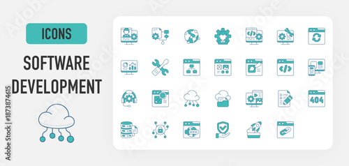 Software Development icon vector. Admin Panel, Program Algorithm, Global Networking, Programming , Testing Features, Software As Service, Sync, Error Page, Technical Tools, Sitemap illustration. 