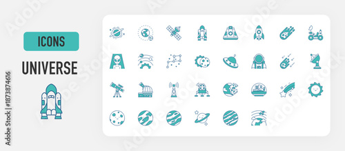 Universe icon vector. Black Hole, Orbit, Satellite, Rocket, Space Capsule, Space Ship, Comet, Moon Rover, Alien, Solar System, Constellation, Eclipse, Ufo, Astronaut, Meteor Rain illustration. 
