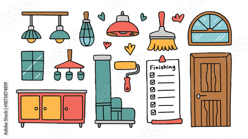 Home Improvement Doodle: An array of whimsical illustrations capturing the essence of home improvement, featuring essential elements such as lamps, a roller, brushes, and more.