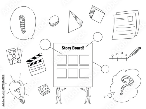 storyboard board surrounded by creative icons, representing brainstorming, idea development, planning, and storytelling in a sketch doodle style