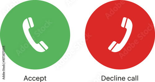 Green and Red Circular Phone Icons for Accepting or Declining Calls with Handset Symbols and Text Labels in Interface Design