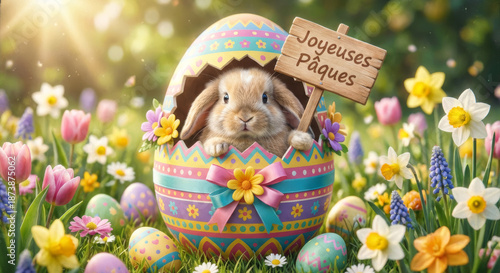 Rabbit is sitting in an Easter egg. A sign is attached to the egg that says 