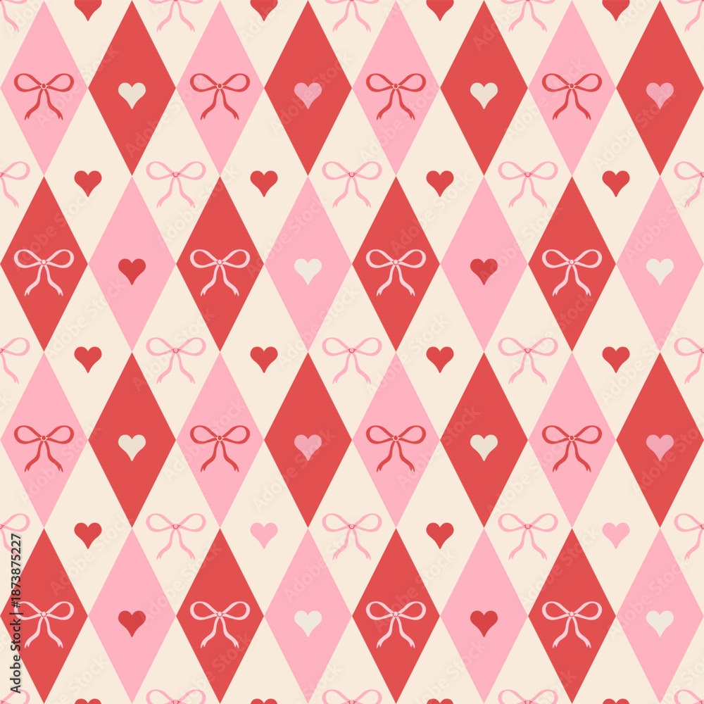 Fototapeta premium Coquette rhombus seamless pattern. Girly plaid texture in red and pink colors. Argyle cute diamond pattern with bows and hearts. Holiday circus print for Valentines' day, wedding, birthday, wrap.