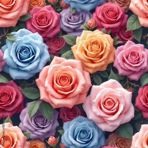 Colorful seamless pattern with blooming roses different shades. Floral background with various flower buds and green leaves. Perfect for textile design wallpaper print.