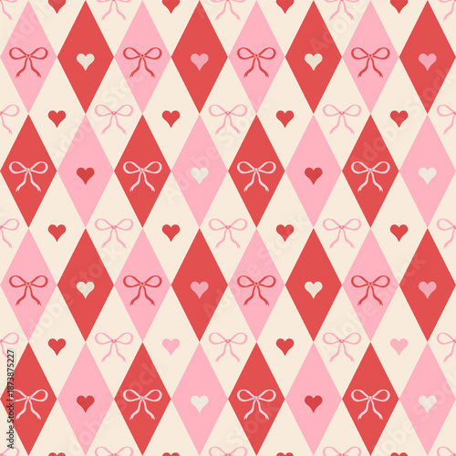 Coquette rhombus seamless pattern. Girly plaid texture in red and pink colors. Argyle cute diamond pattern with bows and hearts. Holiday circus print for Valentines' day, wedding, birthday, wrap.
