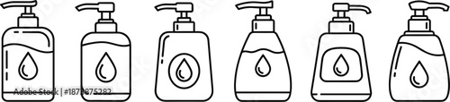 Set of Six Liquid Soap Dispenser Icons with Pump Tops and Droplet Symbols in Minimal Line Art for Hygiene and Packaging Design