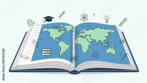 Illustration of an open book with a world map and educational icons with learning and graphic and school and graduation and pencil and light bulb