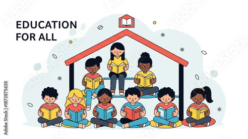 Diverse group of children sitting around a house reading books together education for all with diversity and inclusion and learning and knowledge