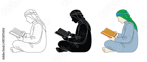 Muslim man reading the quran. Ramadan islamic prayer symbol. Vector illustration.