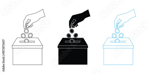 Charity donation box icon set. Hand giving coins, zakat or donation symbol. Vector illustration.